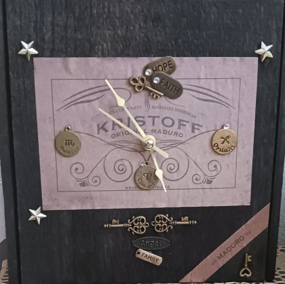 Vintage KRISTOFF Cigar Box Clock w/ spically designed charms to add the effects.